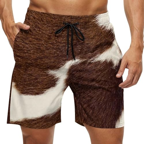 Brown and White Cow Hide Men's Shorts Casual Classic Fit Drawstring Summer Beach Shorts with Pockets