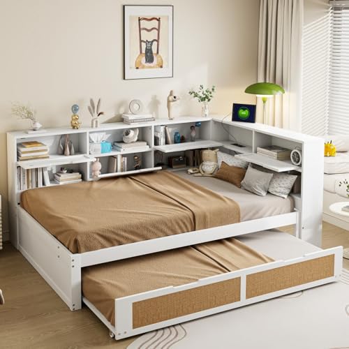 KOMHTOM Canapé-lit Convertible 90 x 190cm avec Lit Gigogne, Lit de Jour avec 2 Tiroirs, Ports USB + Type-C, Compartiments de Rangement et éclairage LED(sans...