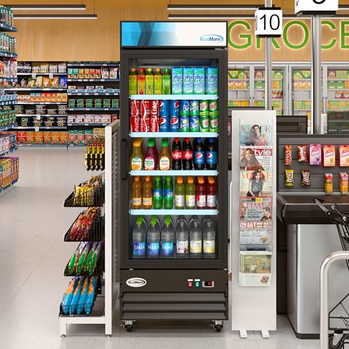 Image of KoolMore MDR-1GD-23C Commercial Glass 1 Door Display Refrigerator Merchandiser - Upright Beverage Cooler with LED Lighting - 23 Cu. Ft., Black