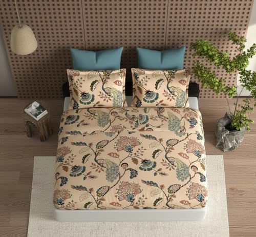 DECOMIZER 300 TC Cotton Feel Glace Cotton Elastic Fitted Printed King Size Double Bed Bedsheet with 2 Pillow Coverm Fits Upto 8 inches Mattress,Size- 72x78x10 Inches,Beige Anokhi