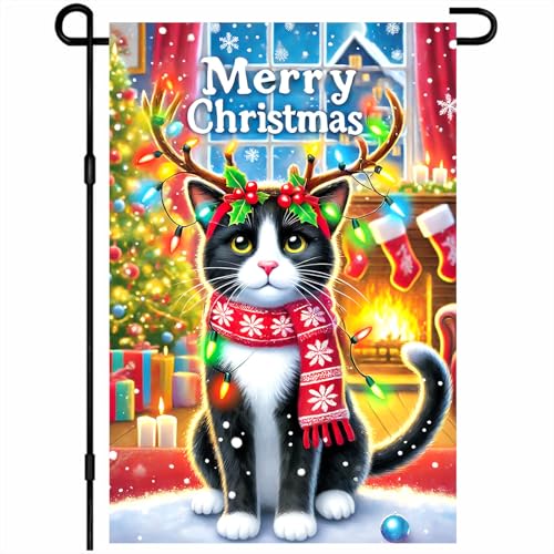 Image of BlissYard Christmas Garden Flag 12x18 Inch Cat Antlers Lights Yard Decor | Double sided polyester, cat with antlers and lights design, cat lover decor for Christmas porch and yard