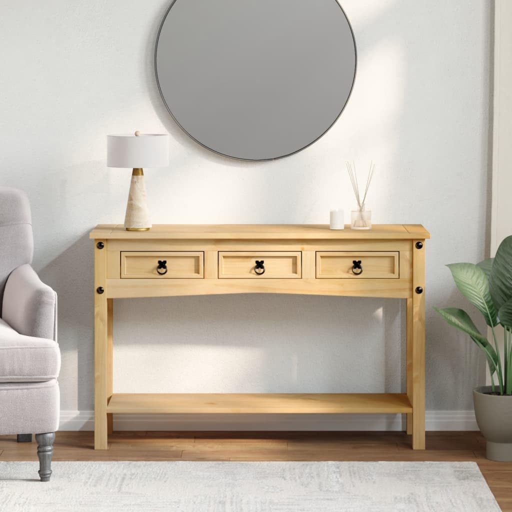 Tavolo consolle Corona in legno di pino massiccio con finitura a cera di miele, 114 x 34,5 x 73 cm, tavolino con 3 cassetti, tavolino da caffè stabile per soggiorno e camera da letto