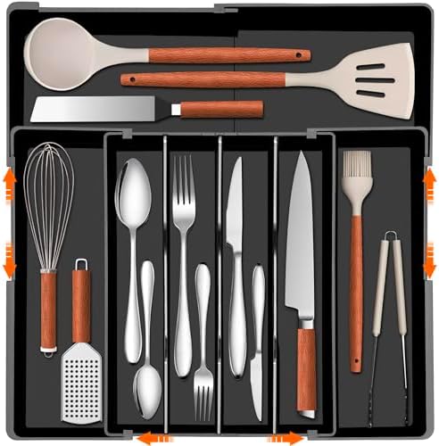 Expandable Large Silverware Organizer - BPA-Free Food-Safe Utensil Drawer Organizer Adjustable Kitchen Drawer Organizer Flatware Cutlery Tray, Classified Storage for Spoons Forks Knives