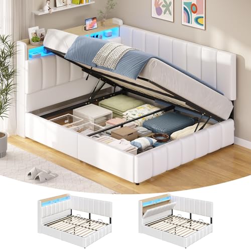 KIMENICH Canapé lit 140 x 190,lit avec sommier, Lit hydraulique avec éclairage LED, Multiprise, Tête de lit avec Rangement caché, côtés rembourrés, pour...