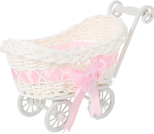 POPETPOP Carrito de bebé de mimbre cesta de mimbre para muñeca de bebé con carrito de cochecito, cesta de caramelos, decoración de carro vintage