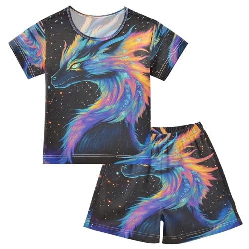 ALAZA Black Colorful Dragon Pajamas Set Short Sleeve Cotton Sleepwear Summer Pjs 2 Piece 5-14Y
