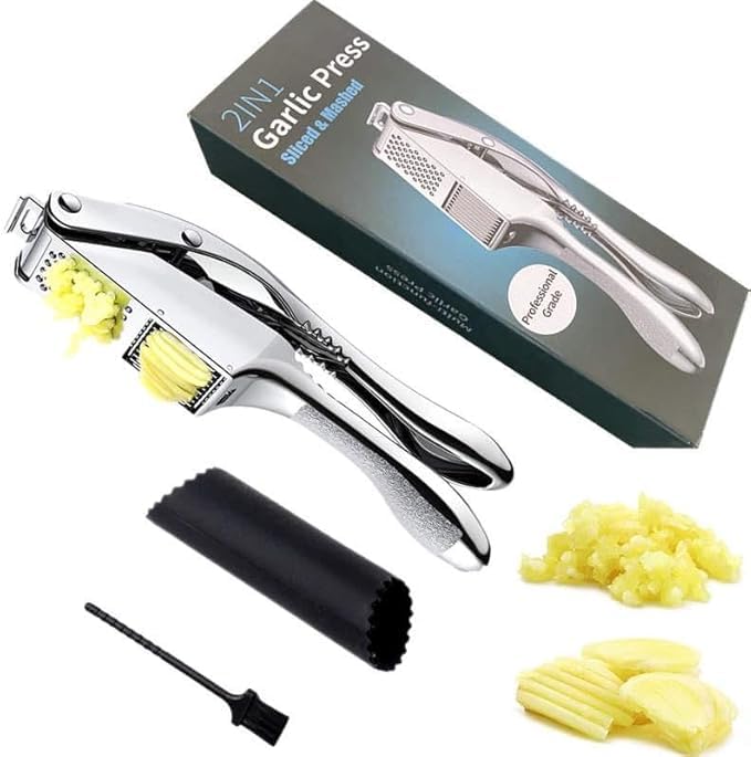 Professional 2 in 1 Garlic Press and Mincer Tool with Handle, Silicone Peeler & Brush, Ginger Crusher, Dishwasher Safe- Perfect for Minced Garlic, Nuts and Seeds, Essential Kitchen Gadgets.