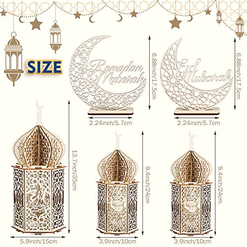 5 Pieces EID Decorations Ramadan Kareem Tabletop Ornaments LED Ramadan Lanterns 3D Handmade Wooden Moon Star Eid Mubarak Ornaments for Home Party Supplies, 5 Patterns - Image 4