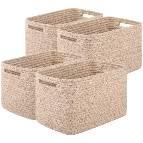 Storage Baskets for Organizing, Woven Decorative Baskets for Shelves – Books, Towels, and Clothes, Cotton Rope Toy Storage Bins, 12.7”Lx9”Wx7.8”H, Pack of 4, Brown