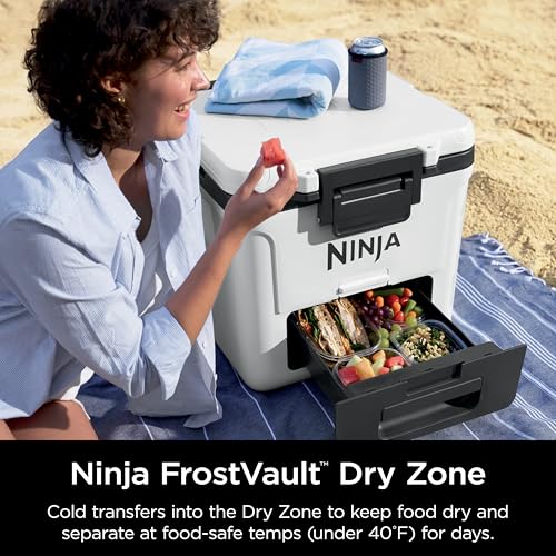 Image of Ninja | Cooler | FrostVault 30QT Cooler with Wheels | Insulated with Temp Dry Storage Drawer | Keeps Ice Cold for Days | for the Beach, Camping, Picnics & More | Cloud White | FB230WH