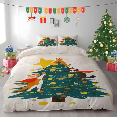 クリスマスツリー キング羽毛布団カバー、マイクロファイバー掛け布団カバー3点セット、猫 寝具、 柔らかい 通気性、肌に優しい 、洗い替え四季通用 洋式・和式兼用 。(230x210cm+2 枕カバー 43x63 cm)