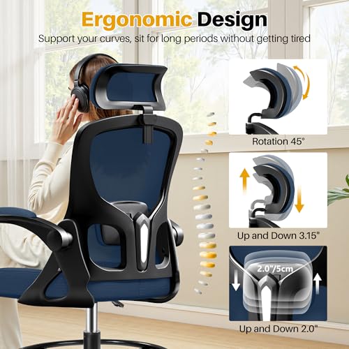 Image of Drafting Chair, Tall Office Chair for Standing Desk, Ergonomic High Back with Headrest, Lumbar Support, Foot Ring and Flip-up Armrests, Navy Blue