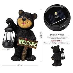 Juegoal Garden Bear Statue with Solar LED Lantern Luminous Welcome Sign Gifts for Mom Yard Art Whimsical Figurine Large Sculpture Lighted Outdoor Mothers Day Spring Decorations for Lawn Porch