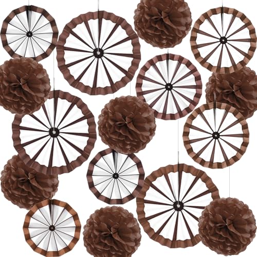 Outus 21 Pcs Western Party Hanging Decoration Wagon Wheel Paper Fans Brown Paper Pom Poms Country Western Hanging Fans Tissue Flower for Wild Cowboy Themed Birthday Party Supplies Decor