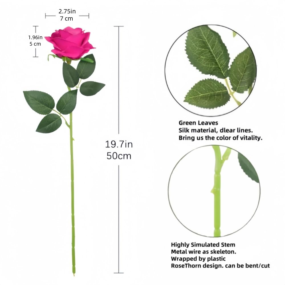 10 Pcs Artificial Roses, Fuchsia Fake Roses Artificial Flowers, with Stems Fake Artificials Fuchsia Rose Silk Flowers - Image 2