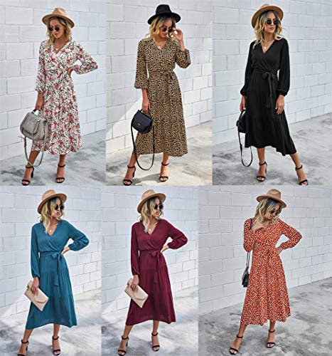 PRETTYGARDEN Women’s Summer V Neck Wrap Vintage Floral Print Short Sleeve Split Belted Flowy Boho Beach Long Dress (Sleeve-Wine Red, Large)