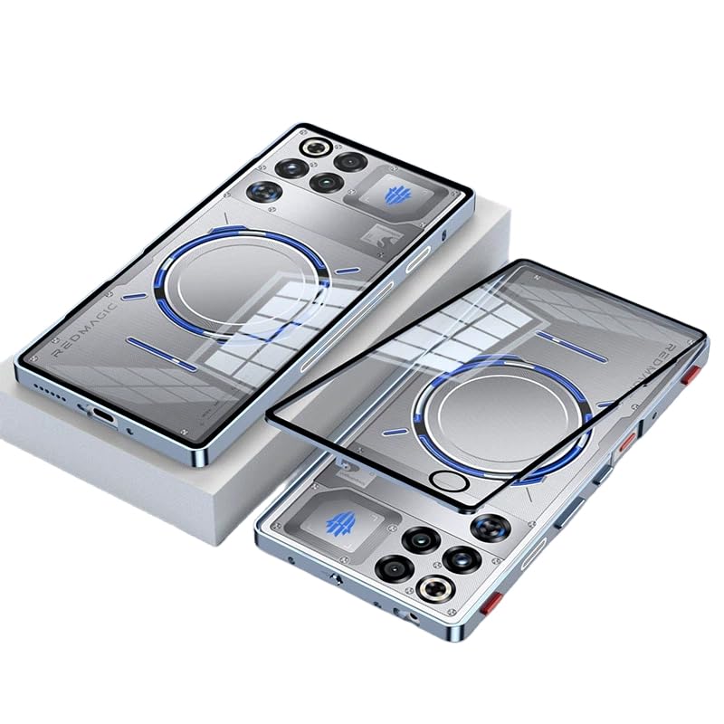 Gruattreay Metal Bumper Frame Case for ZTE Nubia RedMagic 11 Pro/11Pro+, Elastic Buckle Aluminum Shockproof Bumper Frame with Clear Tempered Glass Back Cover (Blue)