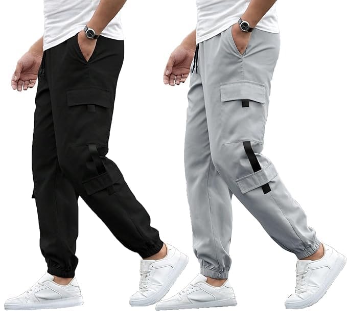 Men's Cargo Polyester Pants for Men || Regular Fit Mid Rise Cargo Joggers Solid Pants (Pack of 2) (CG_04 Combo)