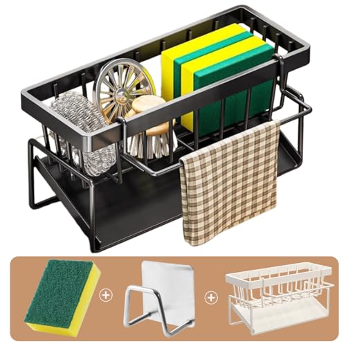 スポンジ置き キッチン スポンジホルダー 置き型 スポンジラック 水が流れる スポンジ洗剤置き 布巾掛け付き たわし置き シンク 洗剤置き 防錆 耐熱 たわしホルダー 水切り機能 クリーニングツールスタンド 洗面所/シンク/キッチン収納用 台所洗剤置き (