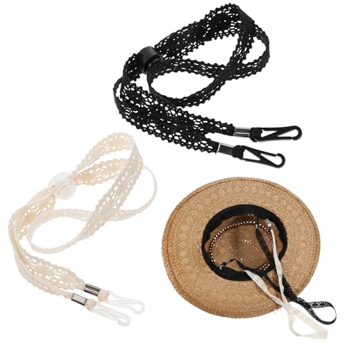 Tweruna 2 PCS Hat Straps for Wind Adjustable Beige Black Chin Cord Lace Sun Hat Chin Strap with Clips Replacement Lace Windproof Keeper String for Women Outdoor Hats