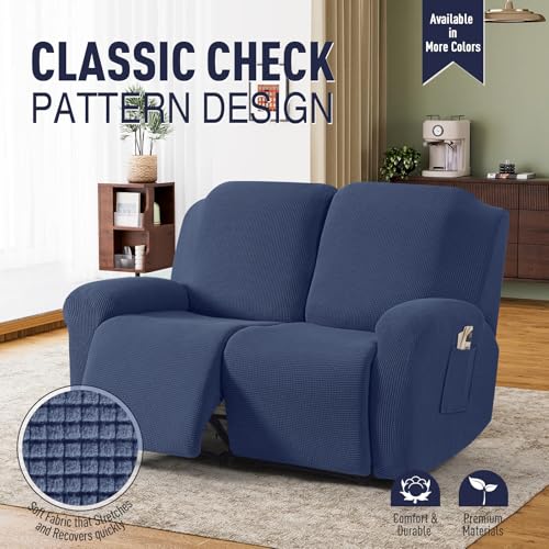 Image of TAOCOCO Recliner Loveseat Slipcover, 6 Pieces Dual Recliner Sofa Covers for 2 Seat Dual Reclining Loveseat Couch, Stretch Soft Jacquard Pattern Furniture Protector with Elasticity Navy Blue