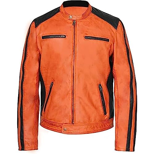 Men's Orange Genuine Sheepskin Waxed Leather Motorcycle Biker Jacket Cafe Racer Rider Casual Zipper Stylish Streetwear Coat