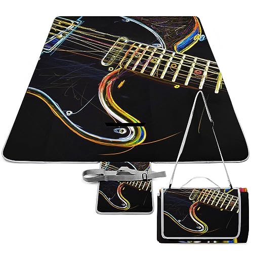 Color Electric-Guitar Picnic Blanket Waterproof Foldable, Large Outdoor Picnic Blanket Beach Blankets Camping Blanket Travel Mat, Shoulder Strap Tote, Rectangle 58x58in