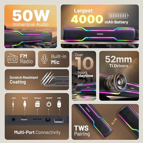 Image of CrossBeats Blaze B50 | 50W Sound bar | Gaming RGB Light | FM Radio AUX, SD Card, USB I 3000 mAh 5 Hrs Battery Built in mic Bluetooth Soundbar Tv Speaker for Home, Mobile, PC, Laptop TWS Pairing (2023)