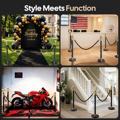 Image of 4 Pack Black&Gold Stanchions and Velvet Ropes Set, Stainless Steel Crowd Control Barriers, 3Pcs Black Ropes and Poles for Party Supplies,Photobooth Accessories, Prom,Birthday,Business,Wedding, Museums
