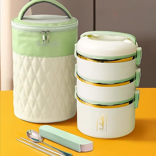 お弁当箱 保温ランチジャー 2500ml 保温弁当箱 三段 おべんとう箱 弁当バッグ付き お箸とスプーン付き 真空断熱 こども 大人 女性 男性兼用 通勤 通学 アウトドア用 (グリーン-2500ML)