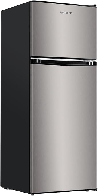 Upstreman 4.0 Cu.Ft. Mini Fridge with Freezer, Dorm Essentials, Double Door, Small Refrigerator for Office, Dorm, Bedroom, Adjustable Thermostat, Large Capacity, Stainless-SR401