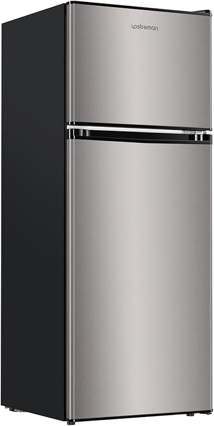 Upstreman 4.0 Cu.Ft. Mini Fridge with Freezer, Dorm Essentials, Double Door, Small Refrigerator for Office, Dorm, Bedroom, Adjustable Thermostat, Large Capacity, Stainless-SR401