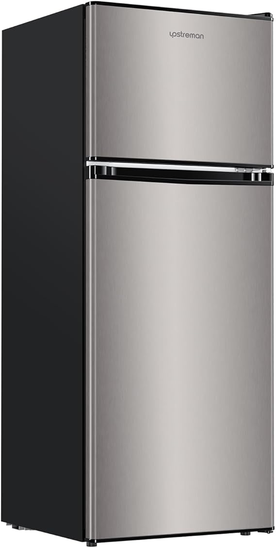 Upstreman 4.0 Cu.Ft. Mini Fridge with Freezer, Dorm Essentials, Double Door, Small Refrigerator for Office, Dorm, Bedroom, Adjustable Thermostat, Large Capacity, Stainless-SR401