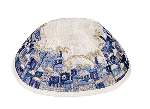 Yair Emanuel Embroidered Kippah - Jerusalem Design (Blue on White)