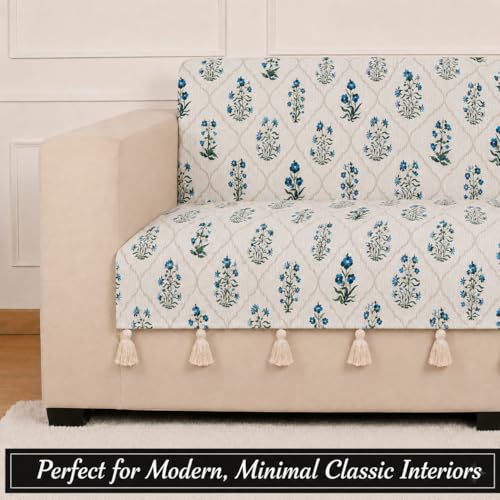 Image of STITCHNEST 'Eden Weaves Collection Series' 3 Seater Sofa Cover - Full Coverage| Elegant Woven Fabric, Decorative Tassels, Washable & Durable for Modern Living