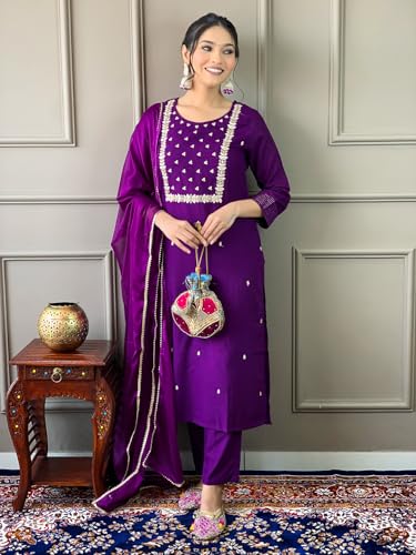 Image of Naixa Women's Viscose Embroidered Straight Kurta with Viscose Pant and Silk Blend Printed Dupatta Sets (NK-430)