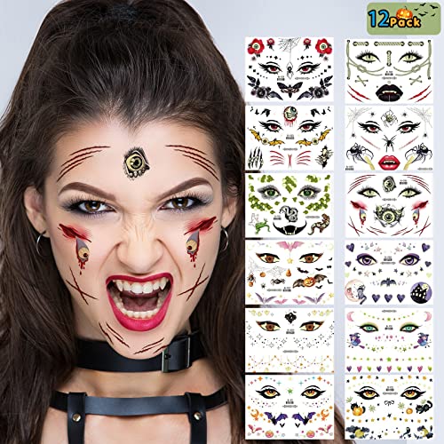 Hogoo Lot de 12 tatouages temporaires d'Halloween phosphorescents Jour des morts Tête de mort Rose rouge Masque lumineux pour femmes, hommes et enfants Costume d'Halloween Cosplay Fête Cover
