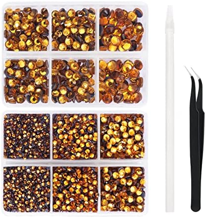 Nibiru 6616pcs Mixed Sizes FlatBack Crystal Rhinestones for Crafts - Round Glass Gems with Tweezers and Picking Pen (Gold Yellow)