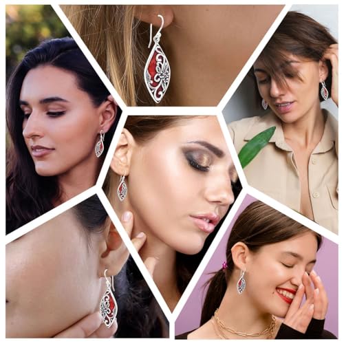 Red Coral Dangle Earrings for Women in 925 Sterling Silver - Dangling Drop Coral Earrings Handmade Birthstone Vintage Boho Jewelry Birthday Gifts for Women2