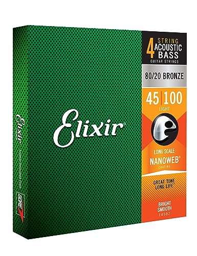 Elixir Cuerdas para bajo acústico de 4 cuerdas Strings de bronce en proporción 80/20 con recubrimiento NANOWEB, escala larga, calibre ligero (.045-.100)