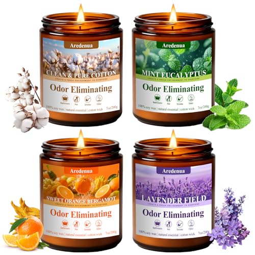 4 Pack Odor Eliminating Candles Set - Eliminates 95% of Pet, Bathroom, Food & Other Smells - Hand Poured Non-Toxic Soy Candle, Air Freshing Scent of Lavender/Orange/Mint/Cotton - Gifts Set for Women