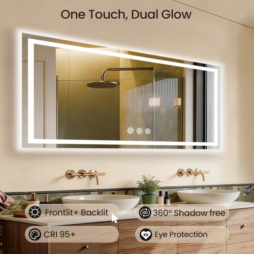 Image of 72x30 LED Bathroom Mirror with Anti-Fog, Backlit & Front Lit, Memory | Stepless Dimmable 3 Color CRI 95+ Shatterproof Tempered Glass ETL Listed for Safety Lighted Bathroom Vanity Mirror for Wall