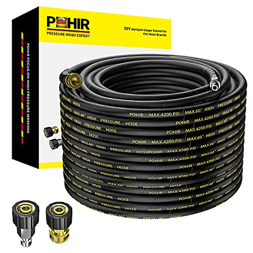POHIR Pressure Washer Hose 100 ft with 3/8 Inch Quick Connect, Kink Resistant High Tensile Wire Braided, 9 Pack Pressure Washer Nozzle Spray Tips Full Set, Nozzle Tips Set with Nozzle Holder
