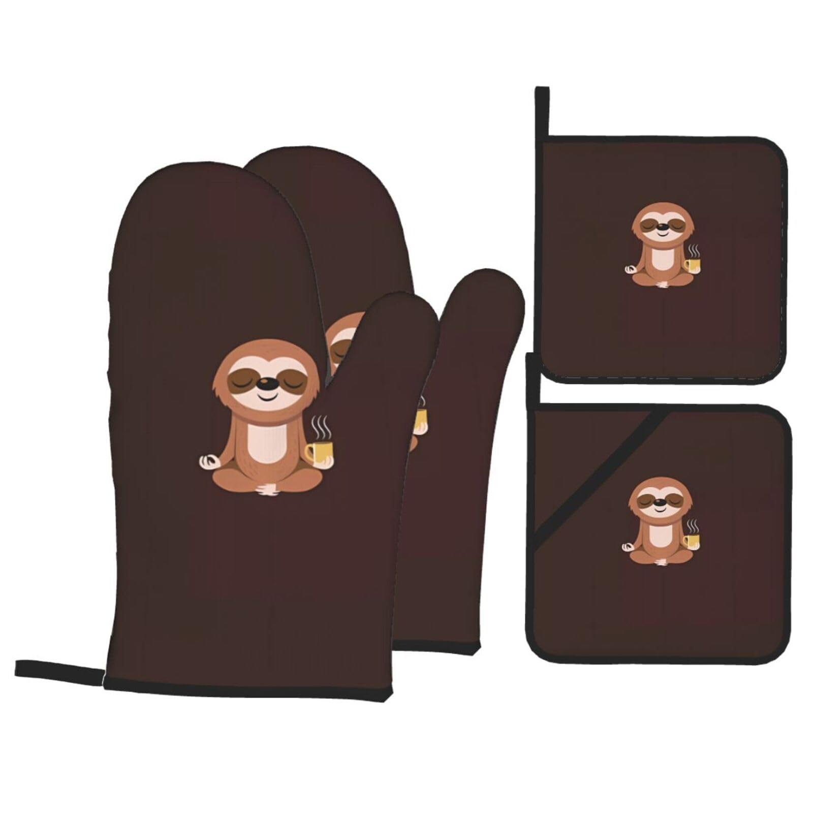 WHJSSF Yoga Sloth Coffee Prints Kitchen Baking Set - 4-Piece Heat Protection Layers with Waterproof Potholders for Oven, Grill & Serving