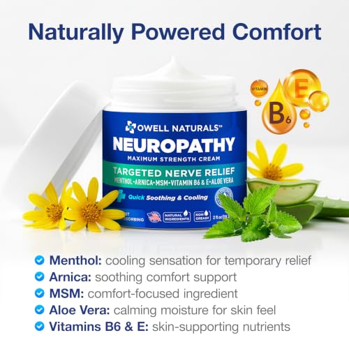 Image of Owell Naturals Neuropathy Cream Extra Strength - Fast Absorbing Cooling for Leg, Feet & Hands - Advanced Soothing Formula with Aloe Vera, Arnica, MSM & Vitamin B6 - Made in USA, 2 fl oz (2 Pack)