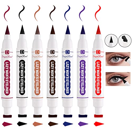 7 Color Dual-ended Winged Eyeliner Stamps Set, Gireatick Colorful Cat Eye Wing Eyeliner Stamp Tool, Black Brown Blue Purple Red Matte Liquid Waterproof Eyeliner Set for Wing Cat Eyes Stamp Eyeliner