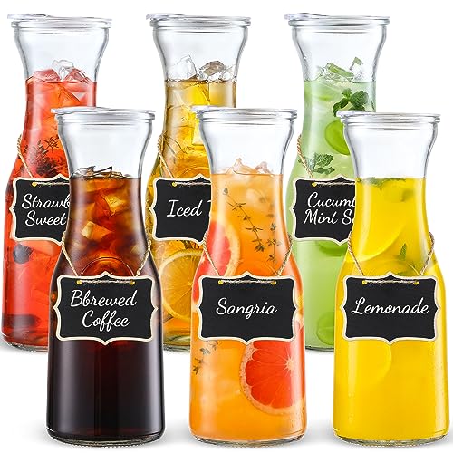 Set of 6 Glass Carafe with Lid, 1 Liter Beverage Serveware Carafe, Clear Glass...