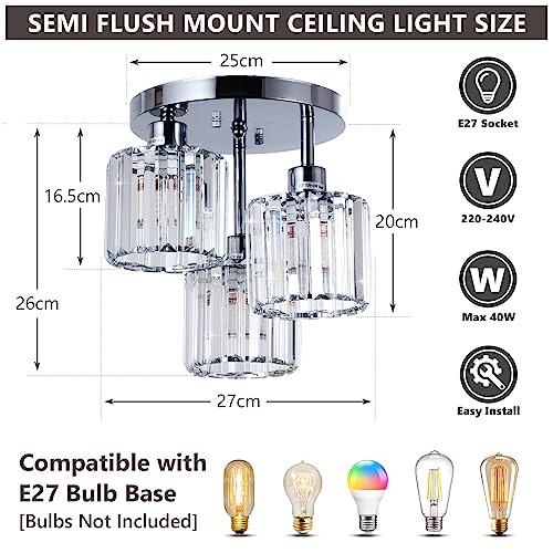 Modern Crystal Chandeliers Ceiling Light, 3-Lights Crystal Ceiling Lights Living Room, Chrome Semi Flush Ceilings Light Fittings for Hallway, Bathroom, Bedroom, Foyer, Kitchen Light Fixture - Image 6