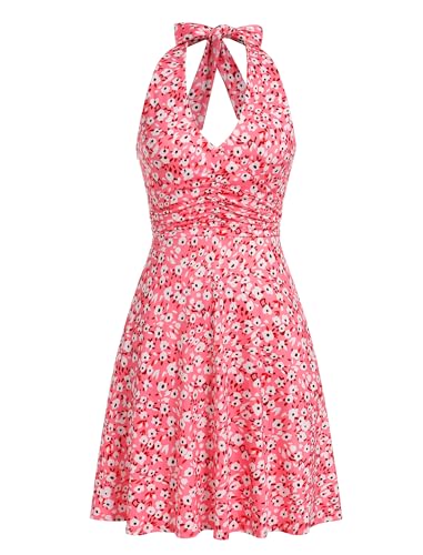 IDOPIP Ärmellos Cocktailkleider Damen Rückenfrei Neckholder Kleid Sommerkleid Boho Freizeitkleid mit Taschen V-Ausschnitt A-Linie Strandkleid...