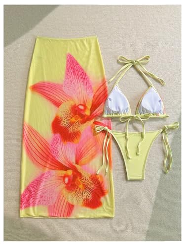 Milumia Women's 3 Piece Swimsuit Boho Floral Triangle Halter Tropical Swimsuit with Cover Ups2